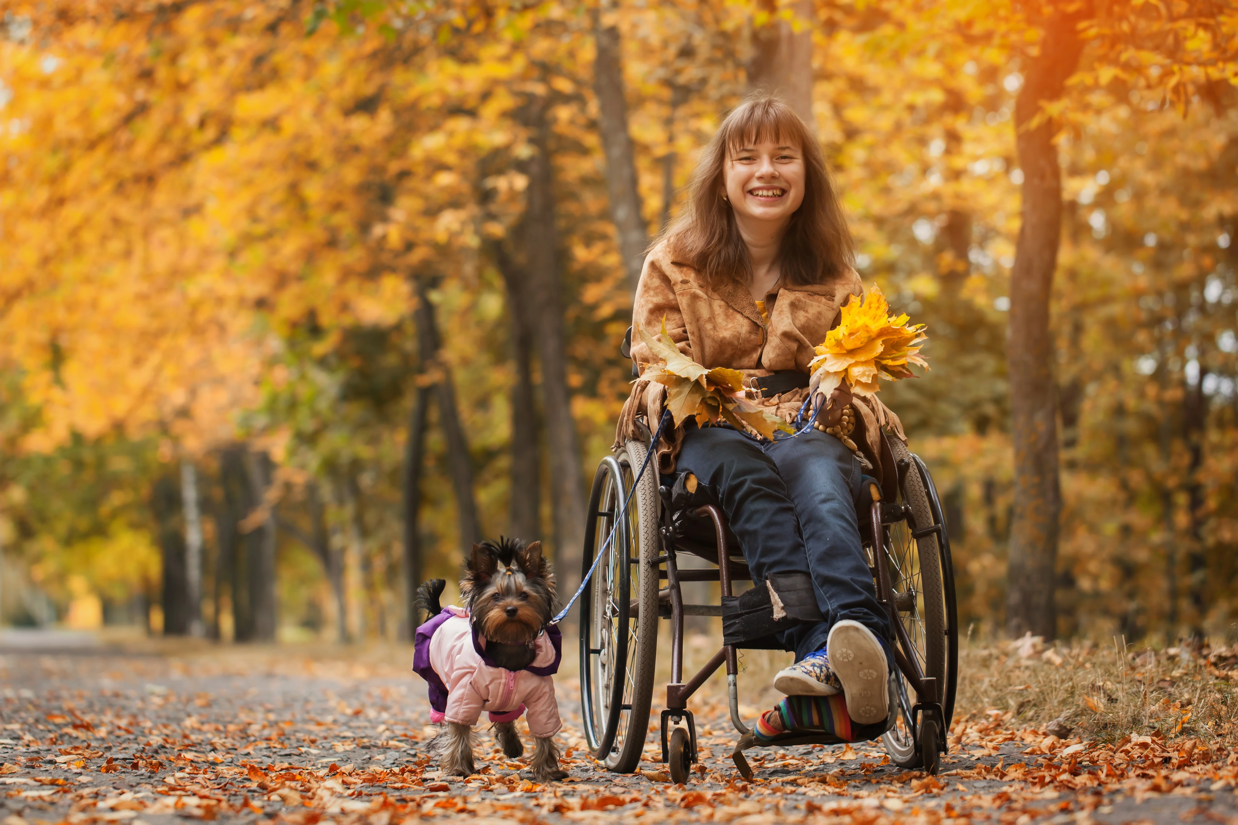 une femme en fauteuil roulant avec un chien dans un parc